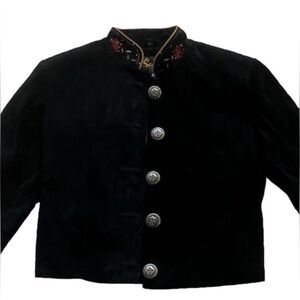 Scully Black Leather Embroidered Satin lined Blazer with Collar